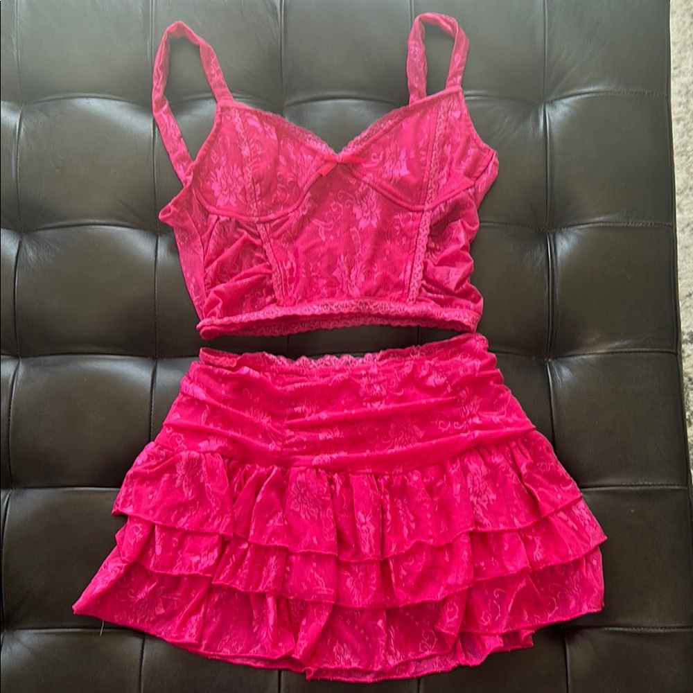 Vibrant Pink Lace Crop Top and Skirt Set